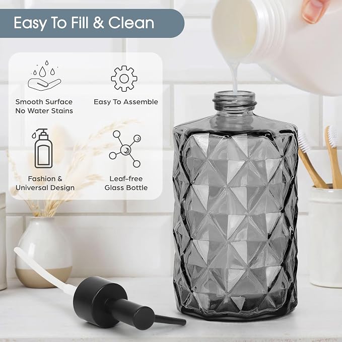 Topsky 2 Pack Glass Soap Dispenser with Black Plastic Pump, 330ml Liquid Hand Soap Dispenser, Rustproof Pump for Kitchen & Bathroom, Great for Lotions, Essential Oil, Liquid Soaps-Gray