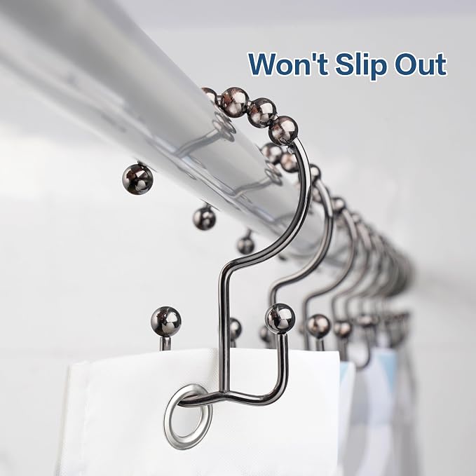 DAWNER Shower Curtain Hooks Rings, Rust Proof Hooks, Metal Easy Glide Double Shower Rings Hooks, Stainless Steel Shower Curtain Hangers for Bathroom Shower Curtains, Set of 12 Hooks, Brushed Bronze