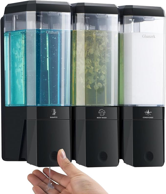 Shampoo and Conditioner Dispenser 3 Chamber No Drill Shampoo Dispenser for Shower Wall Mounted Shower Soap Dispenser 3 * 500ml Refillable Shower Dispenser for Bathroom Hotel(Black 3 Chamber)