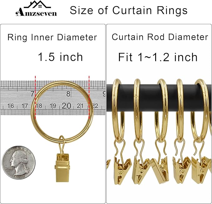 40 Pack Metal Curtain Rings with Clips, Drapery Clips Hooks, Decorative Curtain Rod Clips 1.5 in Interior Diameter, Gold