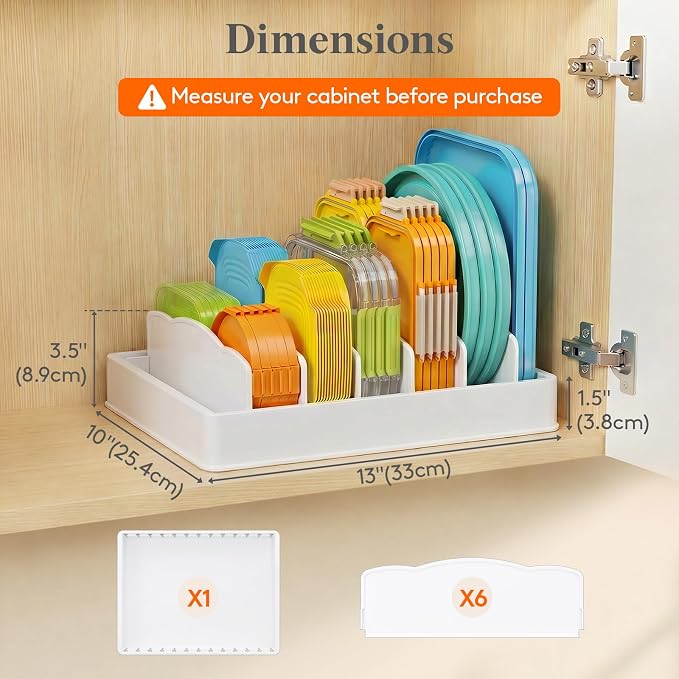 Lifewit Kitchen Cabinet Organizer for Food Contanier Lid with 7 Sections | Lid Holder with 6 Adjustable Dividers for Pantry Organizers and Storage, Home Drawer Organization, White, Large, 13" x 10"