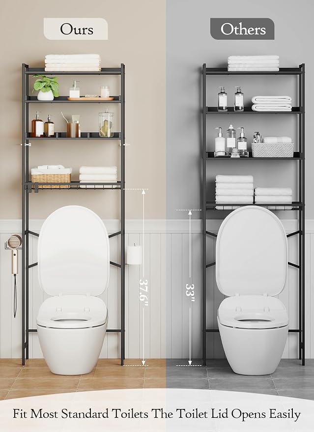 Quikraen 4 Tier Over The Toilet Storage Shelf with 3 Adjustable Shelves, Space Saver Bathroom Organizer with 4 Hooks, Freestanding Above Toilet Rack for Restroom Laundry (Black)