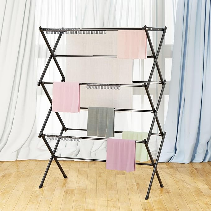 3 Tier Clothes Drying Rack, Foldable Drying Rack Clothing,Indoor & Outdoor Laundry Rack for Drying Clothes,Space-Saving Design,Small Collapsible Portable Dryer Racks for Laundry,Pure Black