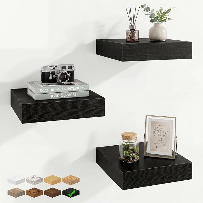 Marsmiles 8in Depth Floating Shelves, 8x8x1.4, Black, Set of 3 | Small Wall Mounted Square Shelves, Engineered Wood, Invisible Brackets, Living Room, Bedroom, Bathroom, Kitchen Decor