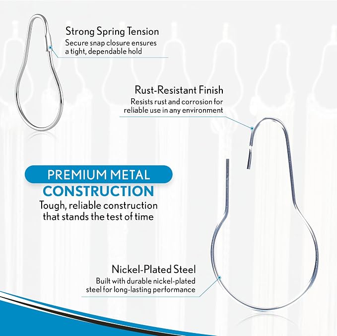100 Pack Shower Curtain Hooks, 2.5" Metal Shower Curtain Rings, Made of Rust Resistant Nickle-Plated Steel, Pear Shaped Split Rings, Hanging Clips