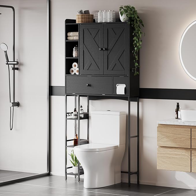 Garvee Over-The-Toilet Storage Rack, Modern Bathroom Organizer | MDF Shelves & Steel Frame, Space-Saving Toilet Shelf for Small Bathrooms, Bathroom Cabinet for Towels & Toiletries, Black