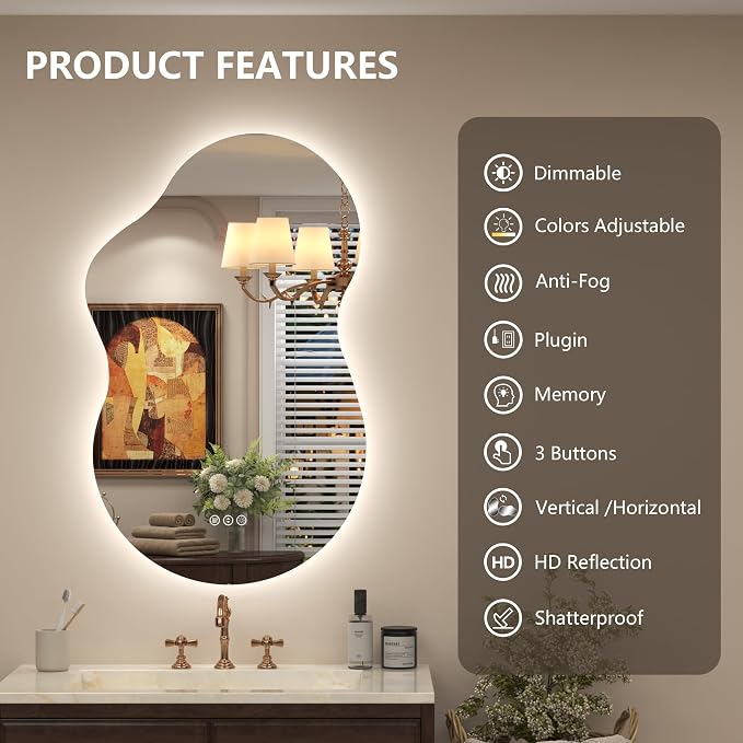 24x36 Inch Irregular Backlit LED Lighted Vanity Mirror with Lights | Asymmetrical LED Bathroom Mirror for Wall, Anti-Fog, Dimmable, 3 Colors, Cloud-Shape, Memory, UL (Horizontal/Vertical)
