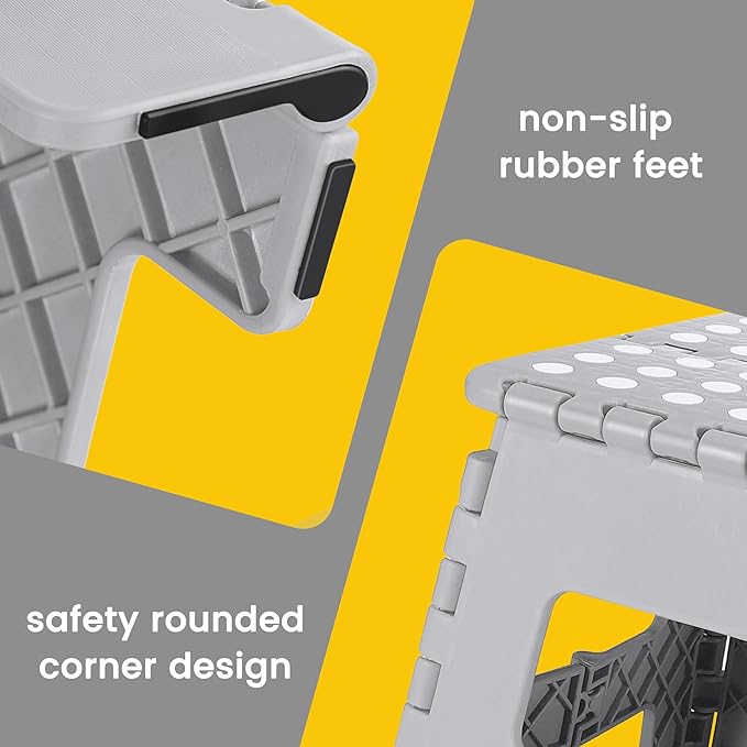 11" Folding Step Stool for Kids, Holds 300 lb Foldable Stools, Gray | Heavy Duty Collapsible Foot Stool, Lightweight with Built-in Handle, Non-Slip for Adults Kitchen Bathroom Bedroom Outdoor
