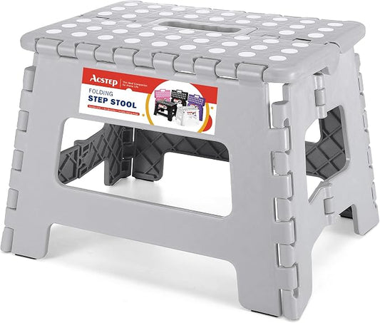 Folding Step Stool 9 Inch, Non-Slip Foldable Stools for Kids, Gray | Heavy Duty Collapsible Foot Stool, Lightweight, Holds 300lb for Toddler/Adults Kitchen Bathroom Bedroom Outdoor, with Handle
