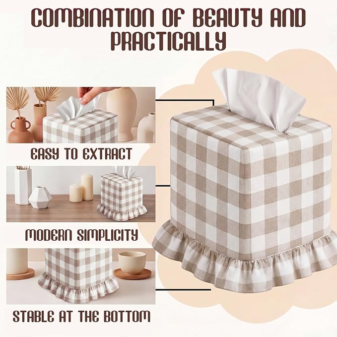 Brown Gingham Tissue Box with Ruffled Cover Cottagecore Handmade Decorative Gingham Napkin Holder for Home Bedroom Living Room Bathroom Vanity Countertop Car Office Kitchen