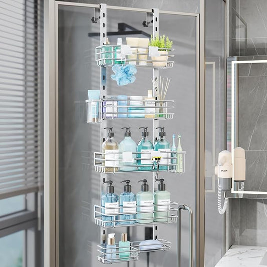 Consumest Over The Door Shower Caddy - 5 Tier Adjustable Shower Organizer Hanging with 2 Toothbrush Holders & 4 Hooks, Rustproof Organizer Shelf, Storage Rack for Bathroom, Silver