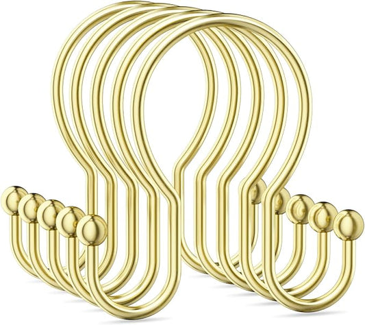 OEH Shower Curtain Hooks, 12 Pcs Minimalist Shower Curtain Rings, Metal Shower Curtain Hangers, Double Hook Gold Shower Curtain Hooks Rust Proof, Smooth Glide Shower Hooks for Shower Curtain Rod, Gold