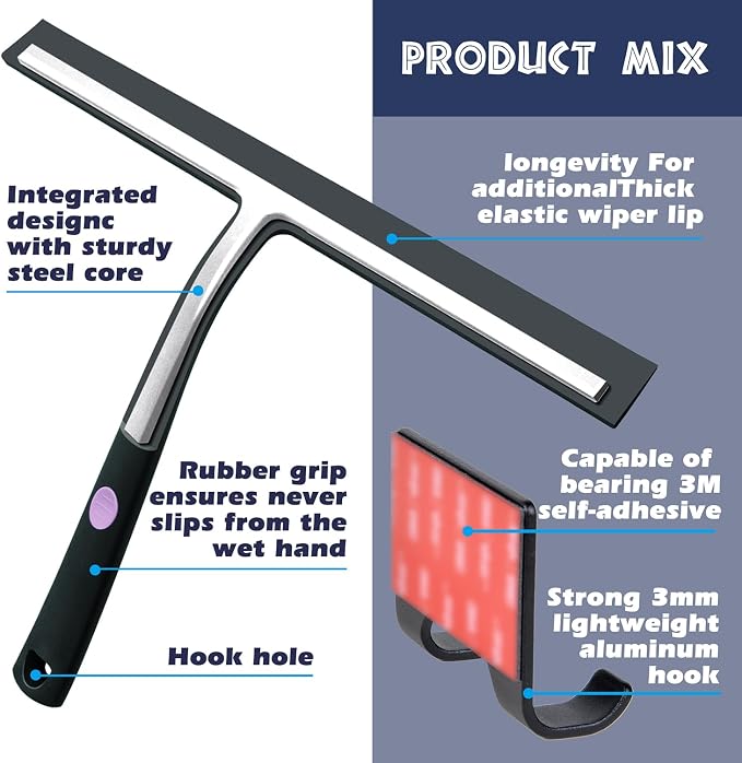 Squeegee for Shower Door 14 Inch Wide Blade, 11 Inch Short Handle One-Piece Silicone with Stainless Steel Core, Non-Slip Grip Window Squeegee for Bathroom Mirror Car Windshield, Aluminum Hook (Black)