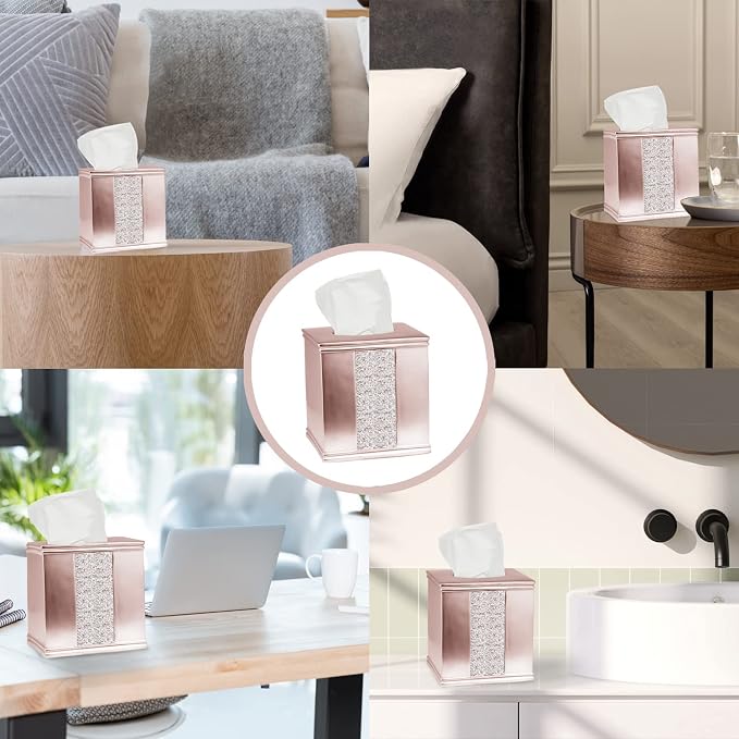Zahari Home 2pc Sinatra Modern Bath Accessories Set Waste Basket & Tissue Box Modern Decorative Beautiful Designs Bathroom Decor Set for Home Blush Bathroom Set Mosaic Glass