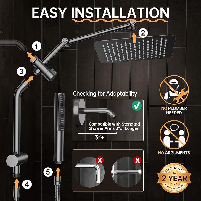 Veken All Metal 10" Luxurious Gray Rain Shower Heads with Handheld Spray | Dual High Pressure Shower Head,Square Detachable Rainfall Showerhead with Extension Arm,Regaderas Para Shower,Ducha Para Baño