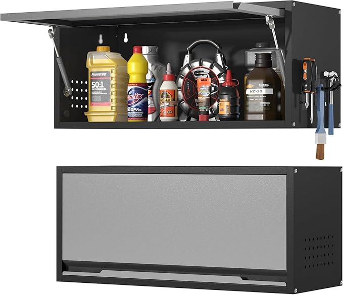 Garage Wall Cabinet, 13.8" H Metal Wall Cabinet with Up-Flip Door | Wall Mounted Metal Storage Cabinet, Upper Cabinet for Kitchen,Garage,Workshop,Warehouse, Assembly Required, Gray