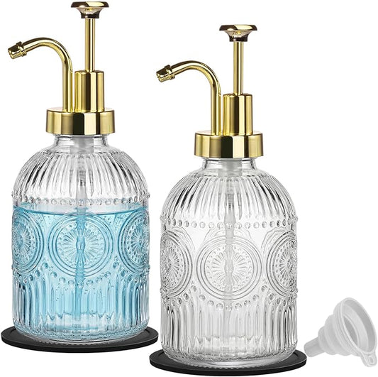 SheeChung 12oz Vintage Glass Soap Dispenser with Gold Pump, Clear, 2 Pack | Refillable Dish and Hand Soap Dispenser for Bathroom Kitchen, Rustic Liquid Lotion Bottle,BPA-Free,Funnel,Mat,Farmhouse Decor