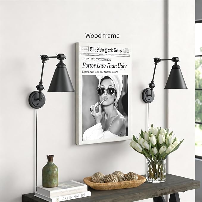Black and White Newspaper Canvas Poster Better Late Than Ugly Quotes Wall Art 08x10 inch Framed Fashion Feminist Aesthetic Prints Bar Cart Wall Decor for Girls Bathroom