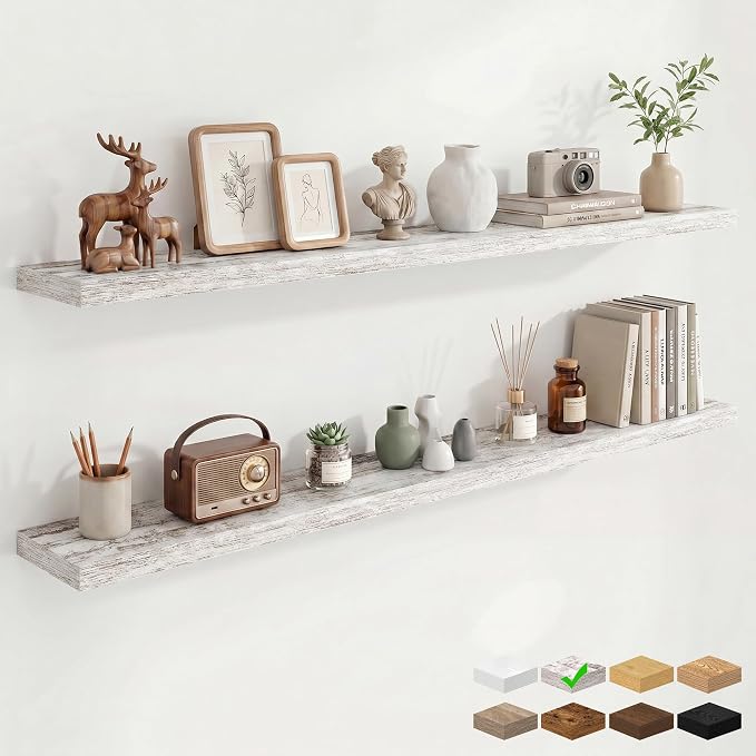 72in Floating Shelves for Wall, 72"W x 9.25"D x 1.5"H, Vintage White, 2Pcs | Long Wall Mounted Engineered Wood Shelves with Invisible Brackets for Living Room, Bedroom, Bathroom, Kitchen, 9.25in Depth