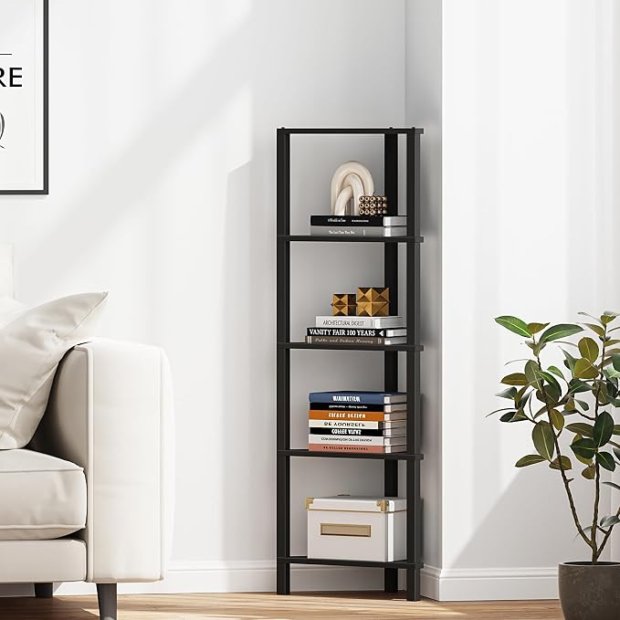 TUTOTAK Corner Shelf, 5-Tier Corner Bookshelf for Small Space | Narrow Display Corner Shelf Stand with Storage Rack, for Living Room, Bedroom, Black BS05BK005