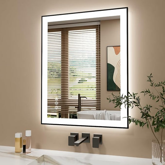 24x30 Inch LED Bathroom Mirror with Black Frame | Black Metal Frame, Front and Backlit, 3 Colors, Dimmable, Memory, Anti Fog, Tempered Glass, Lighted Mirror for Wall