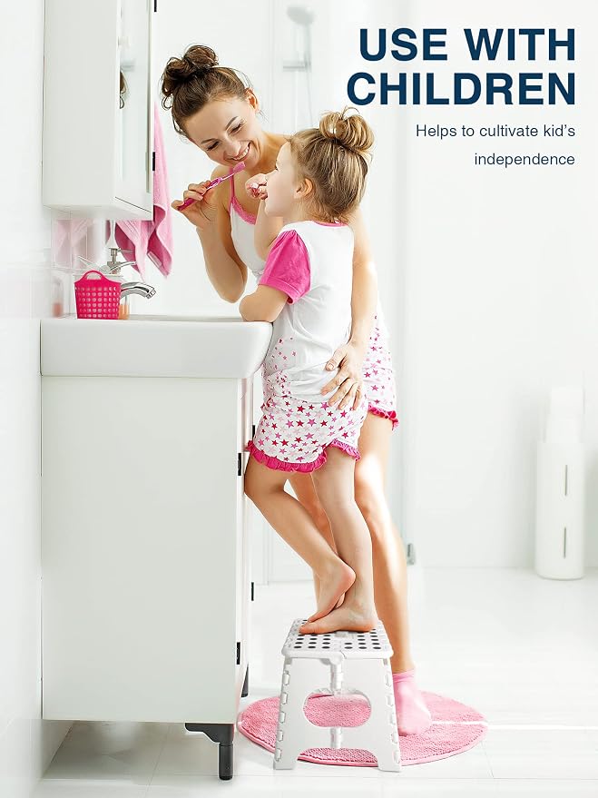 Dyforce Kids Step Stool 11 Inch, 300lbs Folding Step Stool for Adults | Toddler Step stool White,Anti-slip Heavy Duty with Carry Handle, Lightweight Foldable Stool for Bathroom Kitchen Bedroom