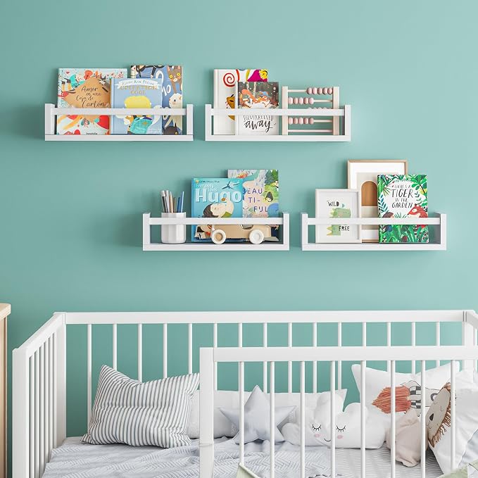 Fixwal Floating Nursery Book Shelves for Wall, 16.5in, Set of 4, White | Solid wood shelves store kids' books, toys and clothing. Fits kids' room, playroom, nursery, living room, bedroom & bathroom.