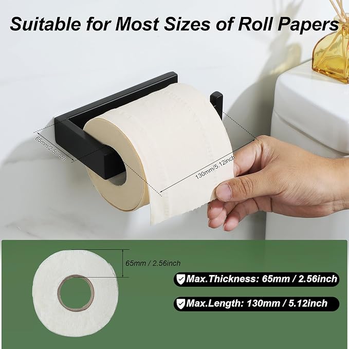 SAYAYO Self Adhesive Toilet Paper Holder Wall Mount, Modern Matte Black Stick on Toilet Paper Roll Holder for Bathroom Square, SUS304 Stainless Steel 6 Inch