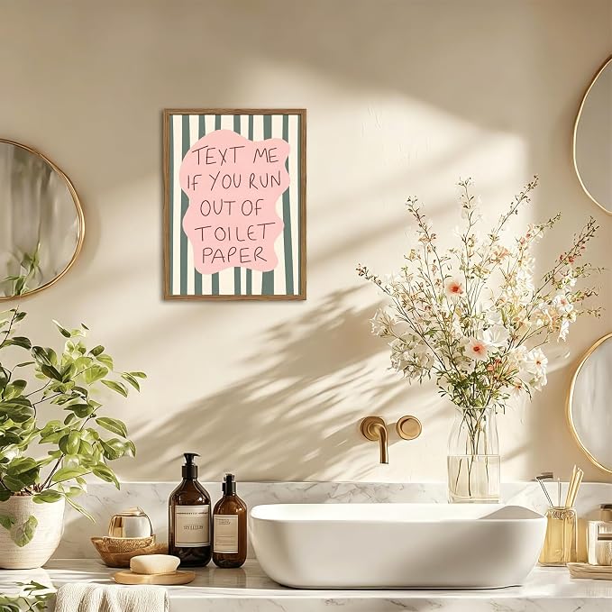 Funny Bathroom Quote Sign Wall Art Text Me If You Run Out of Toilet Paper Bathroom Wall Decor Cute Stripe Quotations Restroom Poster Canvas Print Picture 12x16 inch Wood Framed