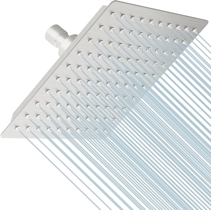 8 Inch Rainfall Shower Head, SUS304 Stainless Steel Brushed Nickel | Square Rain Bathroom Showerhead, High Flow, Large Stainless Steel, Ceiling Mounted, Wall Mounted, Waterfall Full Body