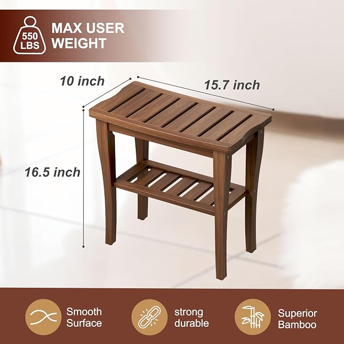 Bamboo Shower Bench Stool with Storage Shelf, Waterproof Shower Chair Spa Bath Seat, Shower Stool for Inside, Bathroom Bench Seat for Adults Elderly Seniors for Indoor or Outdoor Use(Walnut)