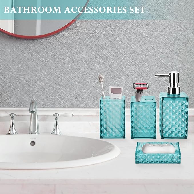 Bathroom Accessory Set, Grid Pattern 4 Pcs Plastic Bathroom Set, Teal Blue | Include Soap Dispenser, Soap Dish, Toothbrush Holder, Mouthwash Cup, Modern Bathroom Decor Set