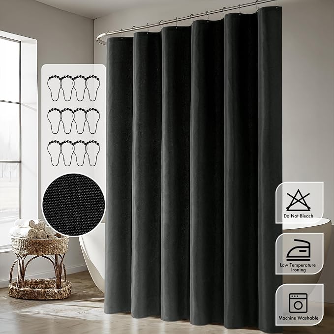 ANRODUO Black Linen Textured Fabric Shower Curtain Set - W72xL84 | Farmhouse Shower Curtain with 12 Metal Hooks, Waterproof Heavy Duty, Button Hole Design, Machine Washable for Bathroom
