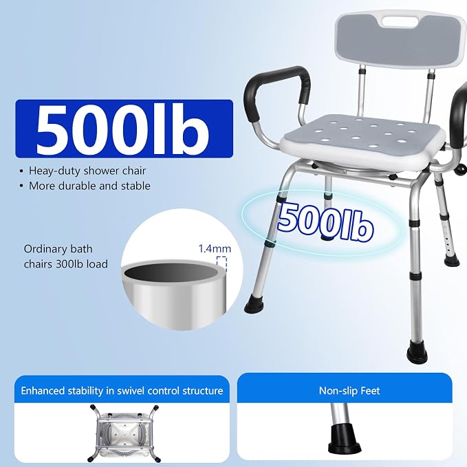 Swivel Shower Chair with Handle 500lbs Adjustable Arms & Back 360° Rotating | 360° Swivel, 5-Level Height Adjust, Non-Slip Feet, Tool-Free Assembly With Extra Suction Bath Grab Bar