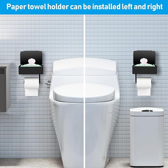 Toilet Paper Holder with Storage, Shelf of Bathroom Toilet Tissue Holder, Toilet Paper Roll Holder, Black Stainless Steel Wall Mount, No Installation & Flushable Wet Wipes Storage (2 Pack)