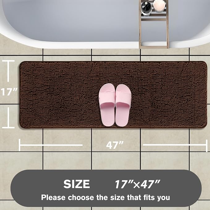 Bathroom Runner Rug 47 x 17 Inch – Long Bath Mat | Absorbent and Washable Thick Chenille Bath Rug Non-Slip Runner Rug for Bathroom, Shower, Sink(Brown)