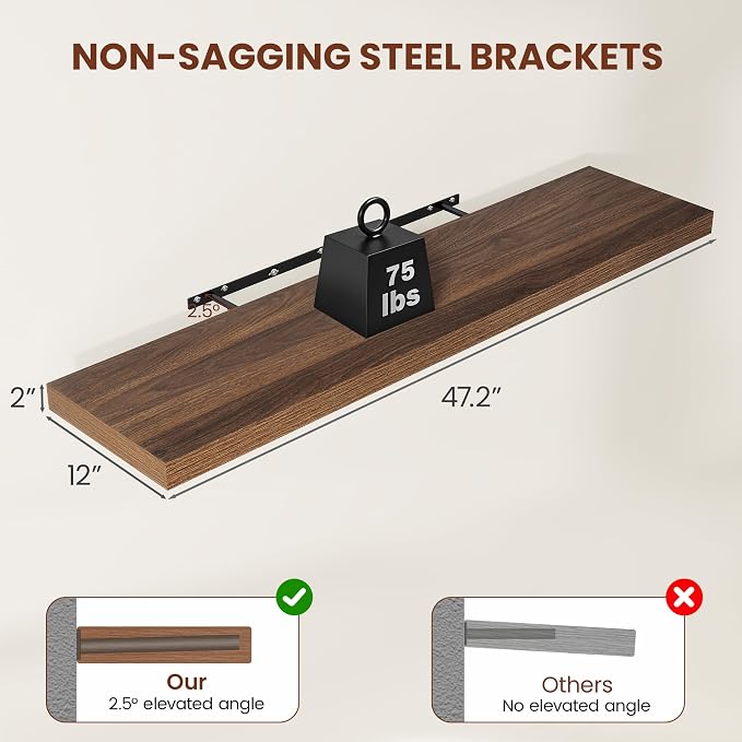 Vivelove Deep Floating Shelves 48x12” Set of 2, Walnut | Easy Install With Hardware, 2" Thick, Invisible Brackets, Wall Mounted, No Sagging, For Any Room