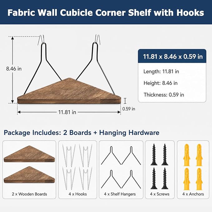 2PCS Fabric Wall Cubicle Corner Shelf with Hooks, Wooden Organizer | 11.81 x 8.46 In Triangular Hanging Shelves For Office Fabric Walls, Work Display Storage, Small Planter, Photo, Decor
