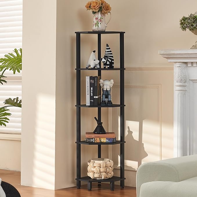 YUFAM 5-Tier Corner Shelf, Black | Wooden Corner Bookshelf for Small Spaces, Corner Standing Shelf with Sturdy 5-Leg Base