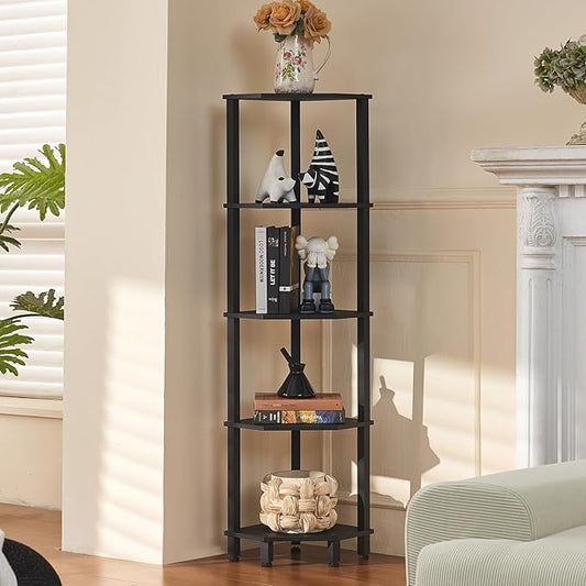 YUFAM 5-Tier Corner Shelf, Black | Wooden Corner Bookshelf for Small Spaces, Corner Standing Shelf with Sturdy 5-Leg Base