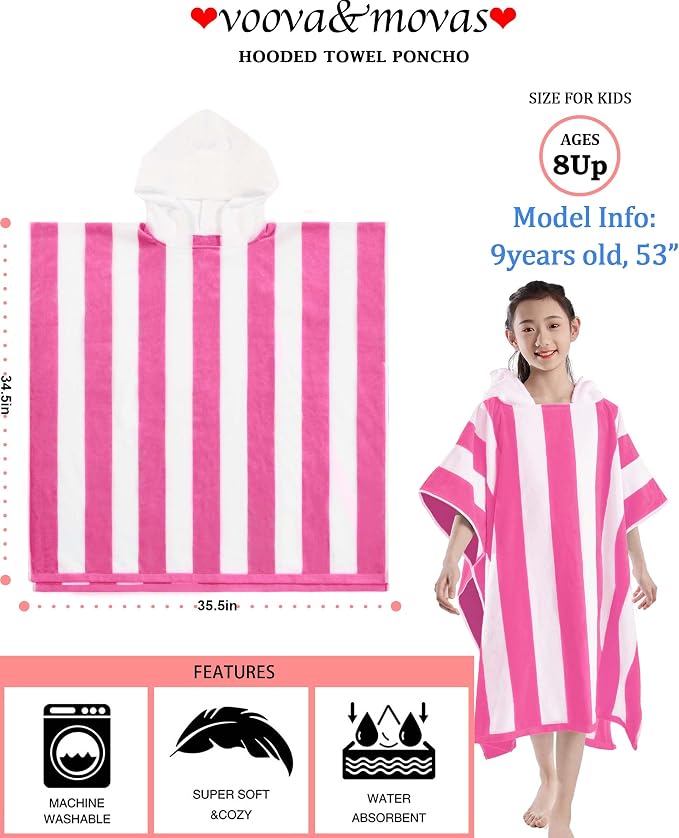 VOOVA & MOVAS Kids Hooded Poncho Towel, 8 Years UP, 100% Cotton,Pink Stripe | Eye-Catching Two-Tone Stripe Design, Soft, Absorbent & Quick Dry, Ideal for Beach, Pool and Daily Bath