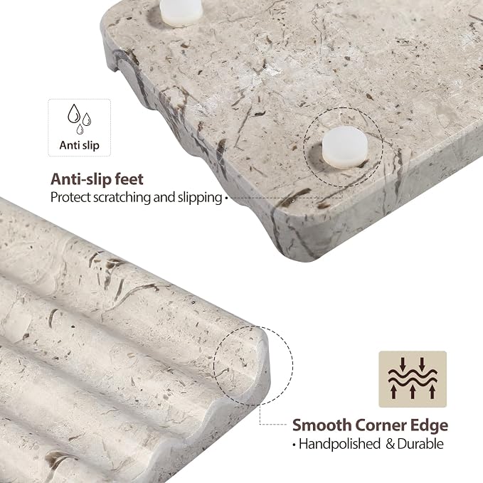 Natural Grey Marble Soap Dish for Shower, Stone Soap Tray for Bathroom, Gray Bar Soap Holder for Sink, Stripe Grooves Soap Saver Stone Dish Keep Bars Dry Easy Clean