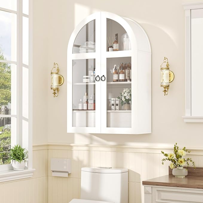 Arched Medicine Cabinet, White Bathroom Wall Cabinet with Tempered Glass Door and Adjustable Shelf for Kitchen, Living Room, Entryway, Laundry Room, Apartment, Office, Small Space