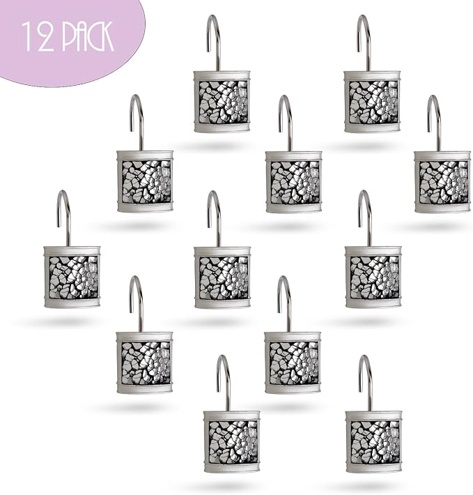 Creative Scents Silver Shower Curtain Hooks Decorative | Set of 12 | Crackled Glass Shower Curtain Rings