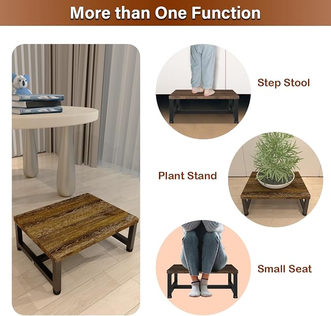 Wooden Step Stool for Toddlers Kids and Adults, Heavy Duty Stepping Stools with 300 LB Load Capacity, Foot Step Stool for Bed, Bedroom, Living Room, Bathroom, Kitchen- Rustic Brown & Black