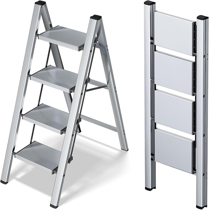 Taranta 4 Step Stool Foldable,Aluminum Step Ladder-Sliver | Lightweight,Wide Anti-Slip Pedals,Folding Step Stool,330lbs Capacity Stepladder for Household,Kitchen,Office