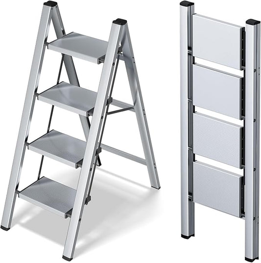 Taranta 4 Step Stool Foldable,Aluminum Step Ladder-Sliver | Lightweight,Wide Anti-Slip Pedals,Folding Step Stool,330lbs Capacity Stepladder for Household,Kitchen,Office