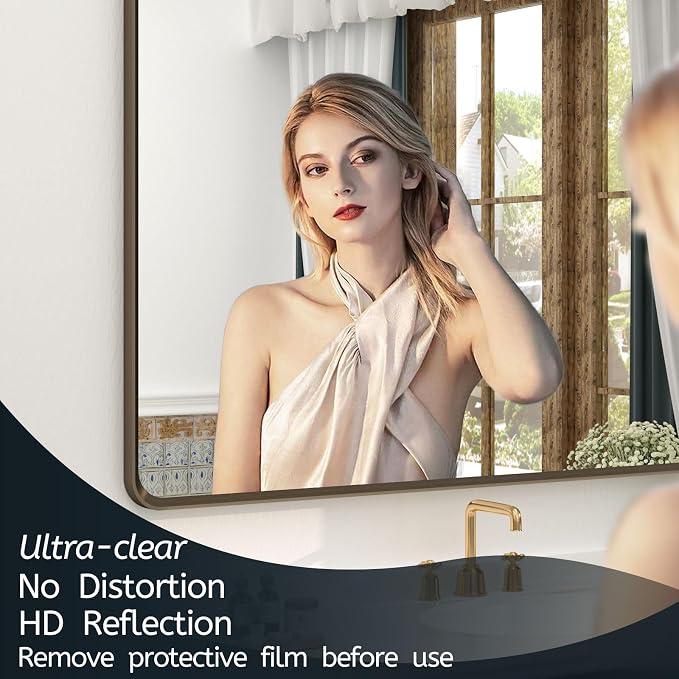 OKPAL 48x40 Bronze Bathroom Mirror, Bathroom Framed Mirrors for Wall, Rounded Rectangle Bronze Mirror for Vanity, Farmhouse, Bedroom, Anti-Rust (Horizontal/Vertical)