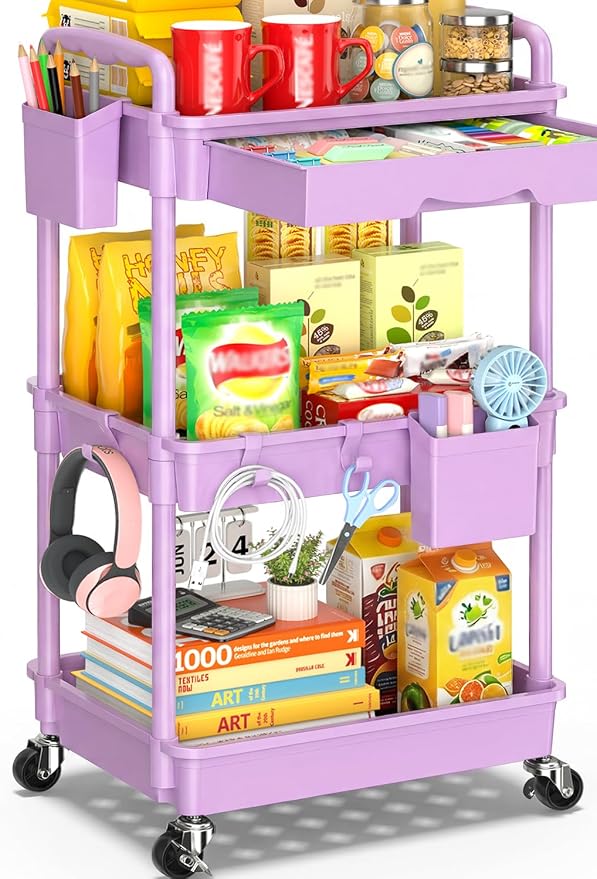 SUNALLY 3 Tier Rolling Cart with Drawer,Craft Storage Cart Organizer,Purple | Bathroom Storage Organizer with 2 Lockable Wheels, Rolling Utility Cart for Kitchen, Office, Baby, Makeup, Nail,Snack,Laundry