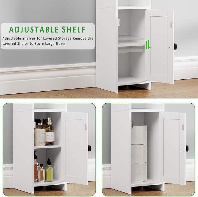 Lomojo Small Bathroom Storage Cabinet Corner, 7.87"Dx7.87"W x31.5"H (White) | Freestanding Narrow Toilet Paper Holder, Organizers for Bathroom Small Spaces Floor Cabinet with Adjustable Shelves and Door